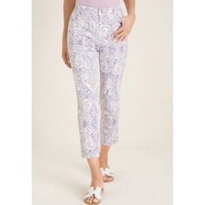 Chico's Sateen Paisley Girlfriend Slim Leg Crop Sz‎ 1R Large 8 Purple White